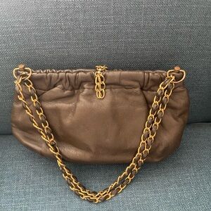 Vintage Dark Brown Genuine Leather Morris M. Handbag with Gold Chain